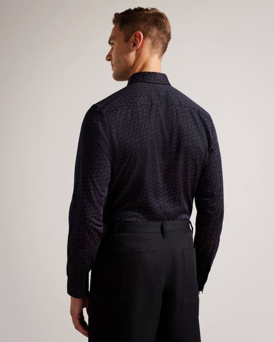 Ted Baker Hommes 60VD1256 vêtements chemise à imprimé papillon géométrique à manches longues Matlock marine