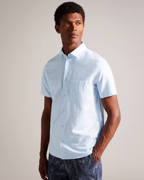 Ted Baker Hommes 60VD1306 vêtements chemise en lin à manches courtes kingfrd bleu clair