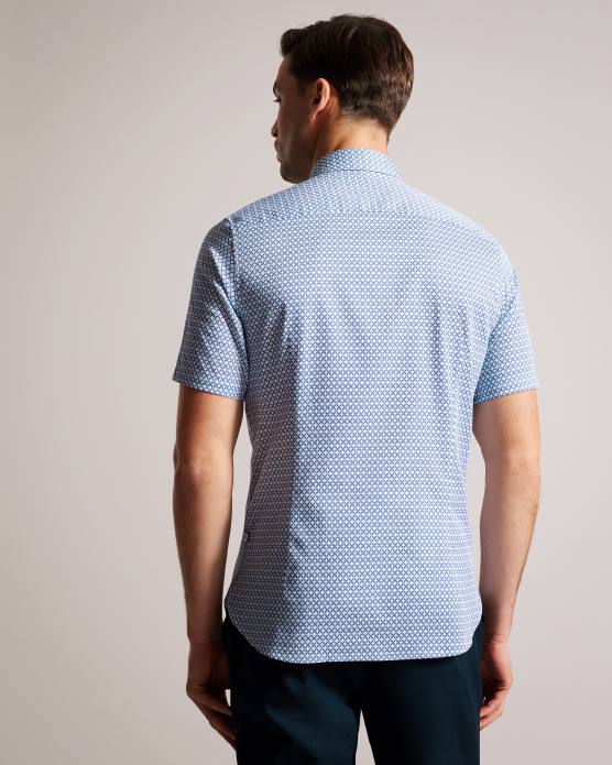 Ted Baker Hommes 60VD1338 vêtements strisho chemise à imprimé géométrique à manches courtes bleu foncé