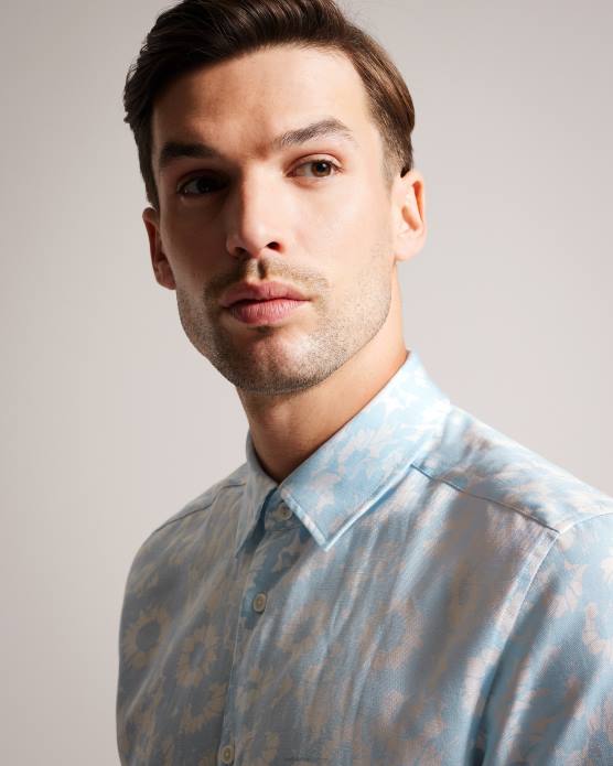 Ted Baker Hommes 60VD1371 vêtements chemise à imprimé floral en lin mélangé flaisby bleu clair