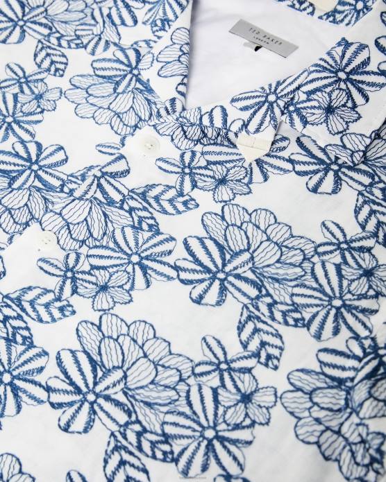 Ted Baker Hommes 60VD1400 vêtements chemise à fleurs brodée à manches courtes mannor blanc