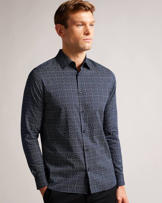 Ted Baker Hommes 60VD1422 vêtements andover - chemise à manches longues à imprimé géométrique marine