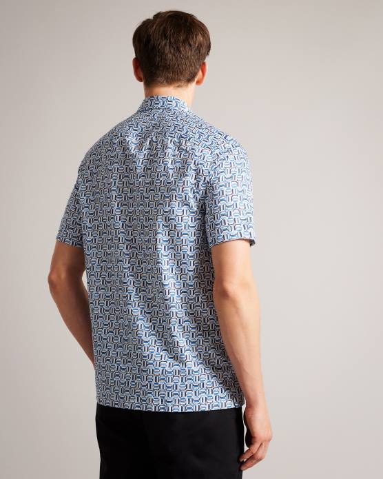 Ted Baker Hommes 60VD1430 vêtements chemise stretch en coton à manches courtes astun bleu