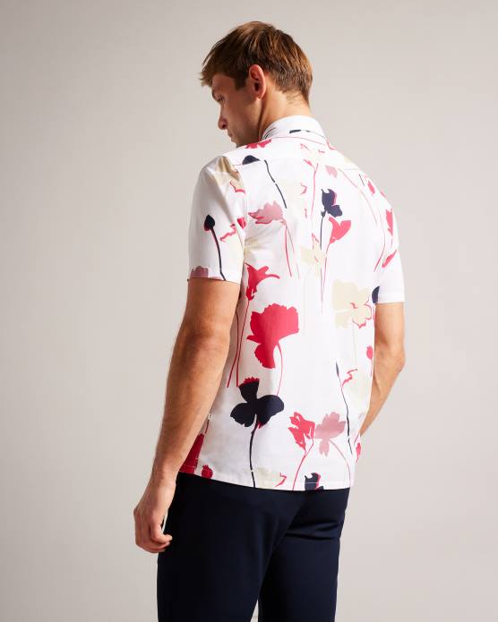 Ted Baker Hommes 60VD1482 vêtements Chemise à manches courtes à imprimé silhouette colorée Rossvil blanc