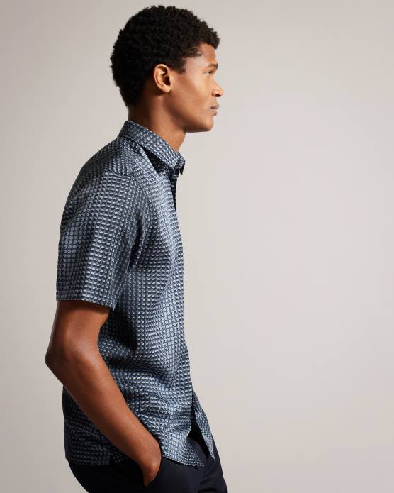 Ted Baker Hommes 60VD1540 vêtements chemise en lyocell à imprimé géométrique à manches courtes Munden marine