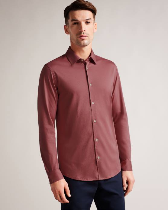 Ted Baker Hommes 60VD1583 vêtements chemise en jersey brillant à manches longues Marros rose moyen