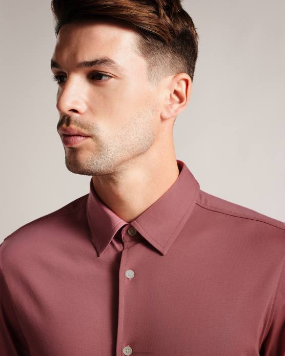 Ted Baker Hommes 60VD1583 vêtements chemise en jersey brillant à manches longues Marros rose moyen