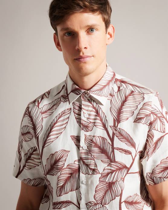 Ted Baker Hommes 60VD1618 vêtements chemise en lin à imprimé feuilles à manches courtes Tagus Orange sombre