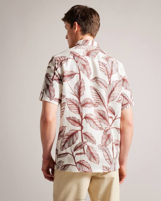 Ted Baker Hommes 60VD1618 vêtements chemise en lin à imprimé feuilles à manches courtes Tagus Orange sombre