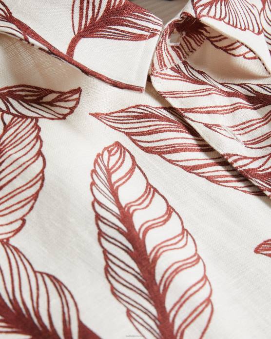 Ted Baker Hommes 60VD1618 vêtements chemise en lin à imprimé feuilles à manches courtes Tagus Orange sombre