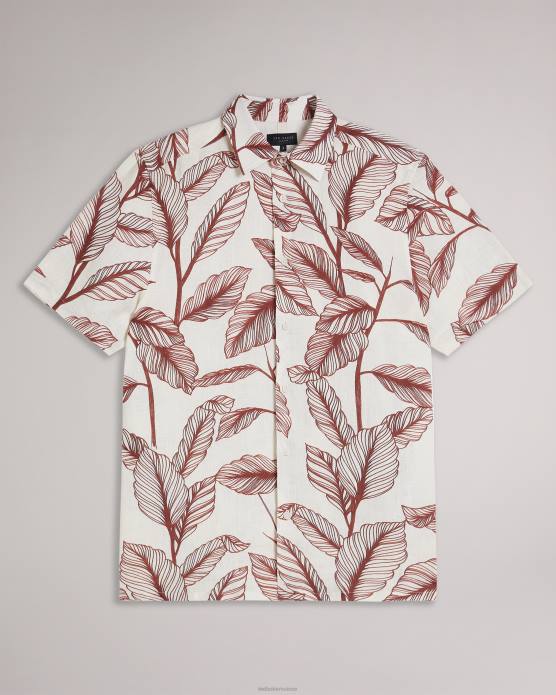Ted Baker Hommes 60VD1618 vêtements chemise en lin à imprimé feuilles à manches courtes Tagus Orange sombre