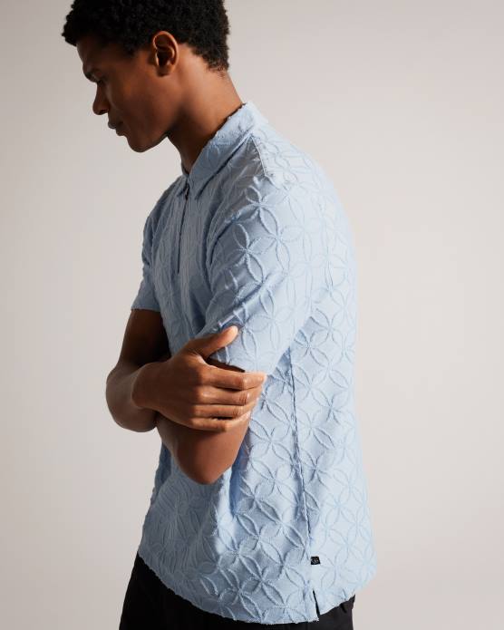 Ted Baker Hommes 60VD1321 vêtements polo marocain zippé à manches courtes en jacquard pl-bleu