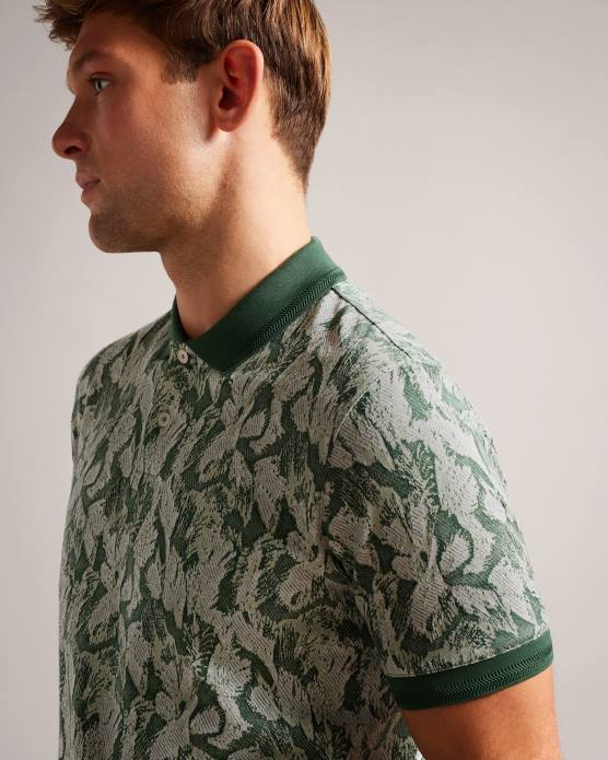 Ted Baker Hommes 60VD1435 vêtements polo à fleurs coupe classique à manches courtes Plasta vert