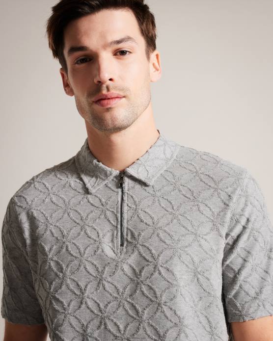 Ted Baker Hommes 60VD1515 vêtements polo marocain zippé à manches courtes en jacquard marnes grises