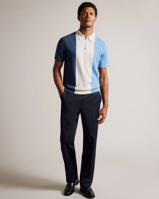 Ted Baker Hommes 60VD1559 vêtements Polo en laine mérinos à rayures verticales à manches courtes Swansea bleu moyen