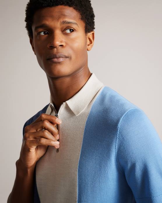 Ted Baker Hommes 60VD1559 vêtements Polo en laine mérinos à rayures verticales à manches courtes Swansea bleu moyen