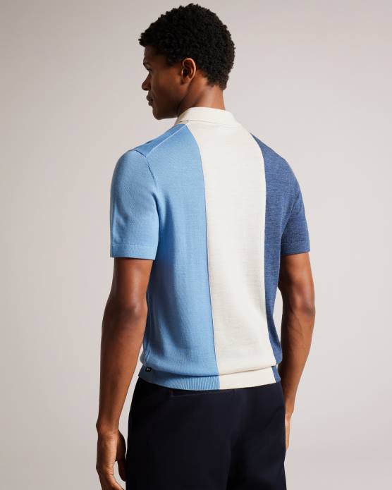 Ted Baker Hommes 60VD1559 vêtements Polo en laine mérinos à rayures verticales à manches courtes Swansea bleu moyen