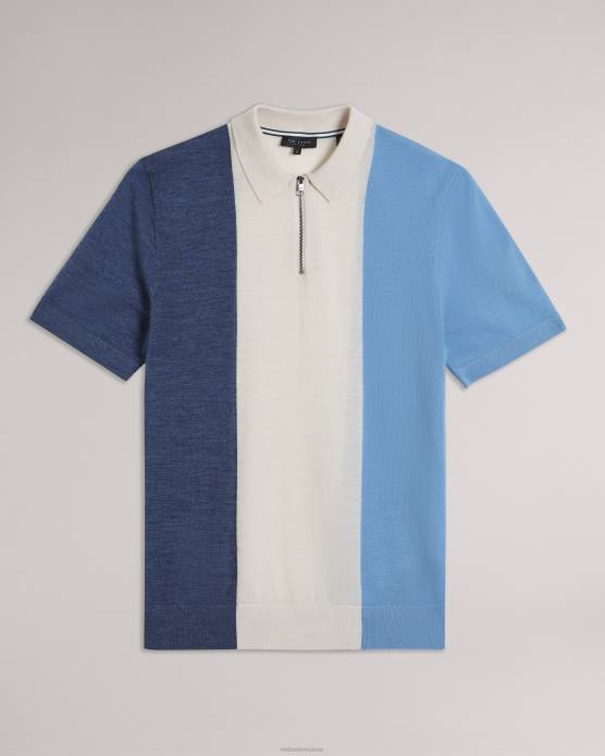 Ted Baker Hommes 60VD1559 vêtements Polo en laine mérinos à rayures verticales à manches courtes Swansea bleu moyen