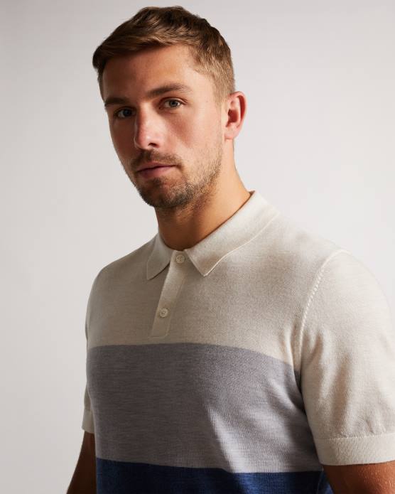 Ted Baker Hommes 60VD1651 vêtements polo en mérinos à manches courtes et à rayures multiples Cove écru
