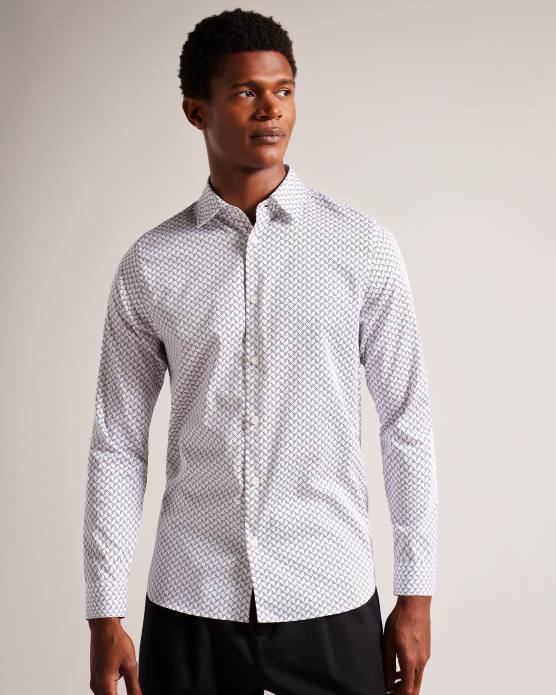 Ted Baker Hommes 60VD1232 vêtements Willuw - chemise à manches longues à imprimé géométrique blanc