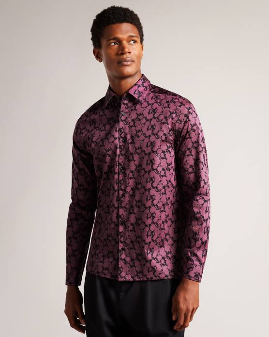 Ted Baker Hommes 60VD1240 vêtements comlee - chemise à manches longues et imprimé floral bordeaux