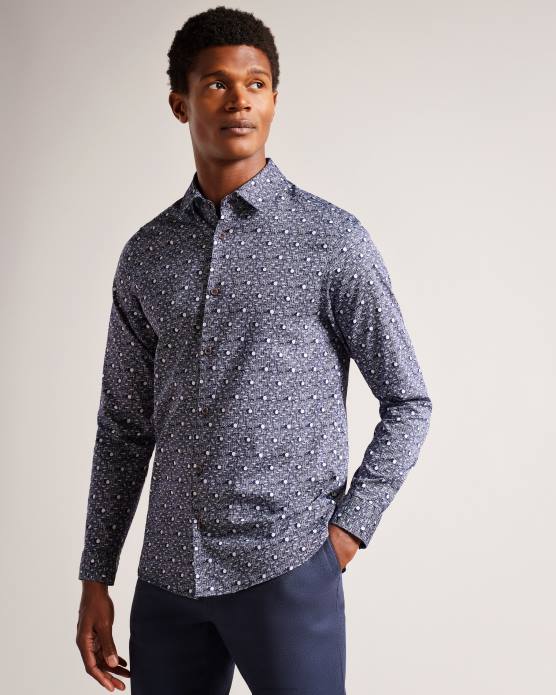 Ted Baker Hommes 60VD1250 vêtements maccle - chemise à manches longues et imprimé à pois marine