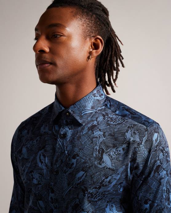 Ted Baker Hommes 60VD1280 vêtements chemise à imprimé oiseau dessiné à la main à manches longues Mullen bleu moyen