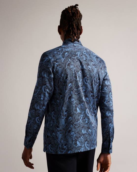 Ted Baker Hommes 60VD1280 vêtements chemise à imprimé oiseau dessiné à la main à manches longues Mullen bleu moyen