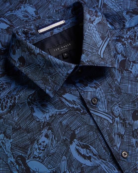 Ted Baker Hommes 60VD1280 vêtements chemise à imprimé oiseau dessiné à la main à manches longues Mullen bleu moyen