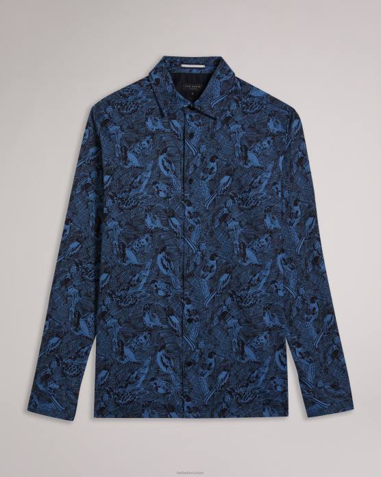 Ted Baker Hommes 60VD1280 vêtements chemise à imprimé oiseau dessiné à la main à manches longues Mullen bleu moyen
