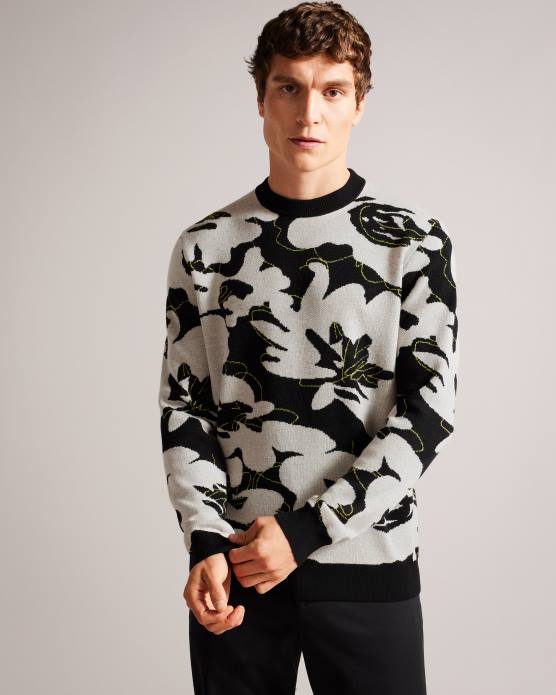 Ted Baker Hommes 60VD1275 vêtements pull en laine mérinos à fleurs ozier noir