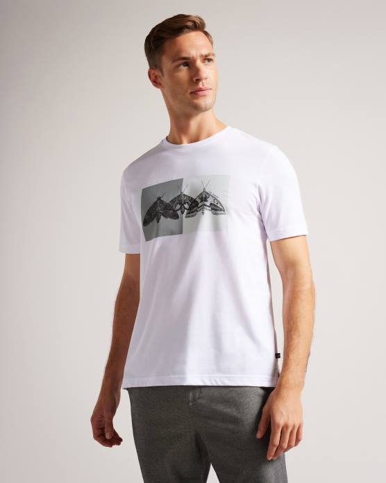 Ted Baker Hommes 60VD1264 vêtements rewild - t-shirt coupe classique à manches courtes et imprimé papillon blanc