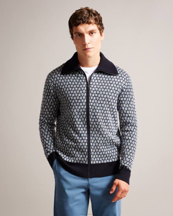 Ted Baker Hommes 60VD1283 vêtements teeflow cardigan en maille zippé à imprimé t géométrique bleu